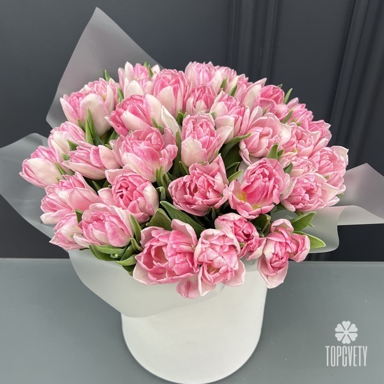 Композиция из 35 розовых пионовидных тюльпанов в коробке