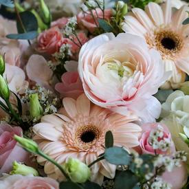 Композиция из ранункулюсов, роз, гербер и гортензии в корзине