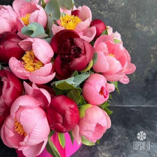Композиция из 35 розовых и красных пионов в шляпной коробке