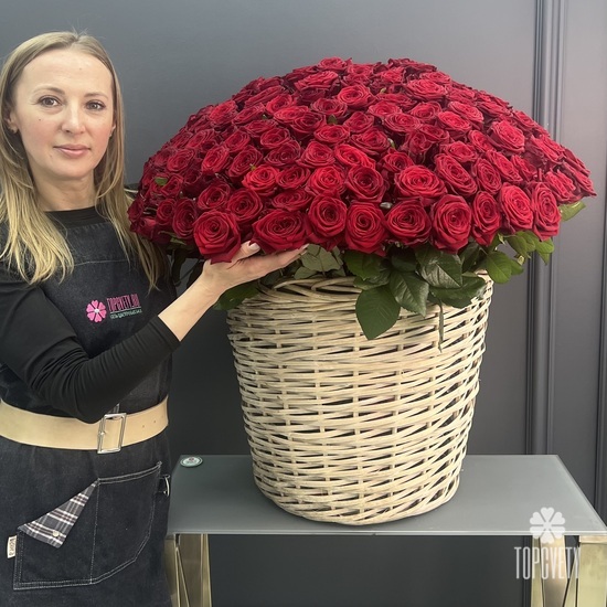 Композиция из 135 красных роз в корзине